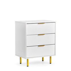 Commode blanche Hjelle K avec design de façade cannelé, trois poignées dorées et quatre pieds dorés de hjh LIVING