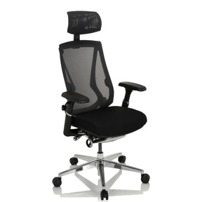 Siège de bureau haut de gamme INSPERO en noir avec dossier en maille, appuie-tête et pied en chrome de hjh OFFICE