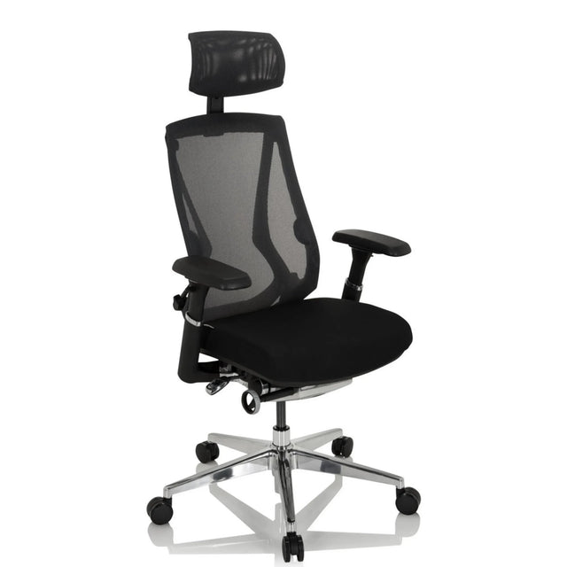 Siège de bureau haut de gamme INSPERO en noir avec dossier en maille, appuie-tête et pied en chrome de hjh OFFICE