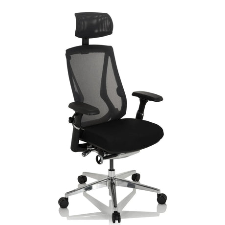Siège de bureau haut de gamme INSPERO en noir avec dossier en maille, appuie-tête et pied en chrome de hjh OFFICE