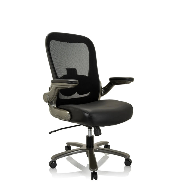 Siège pivotant XXL INSTRUCTOR T I en noir avec dossier en maille et assise en cuir de hjh OFFICE