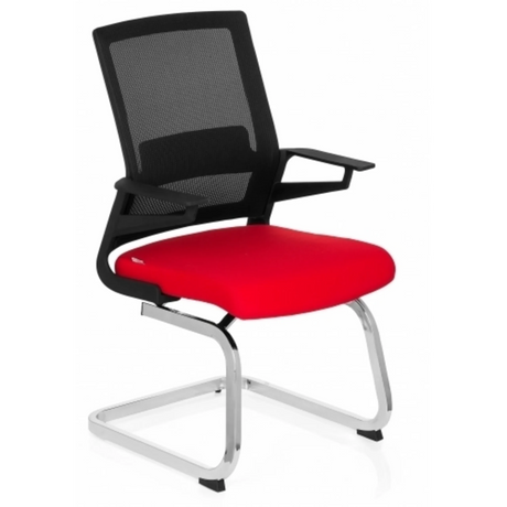 Chaises cantilever INVENTOR V avec dossier en maille noire, assise rouge et structure chromée de hjh OFFICE