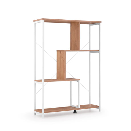 Étagère Kalag Eco en blanc et chêne avec des étagères asymétriques et un cadre en métal blanc de hjh LIVING