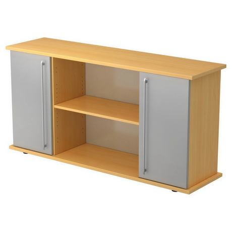 Buffet KAPA SB aspect hêtre avec deux portes argentées, poignées rails et étagères ouvertes de hjh OFFICE PRO