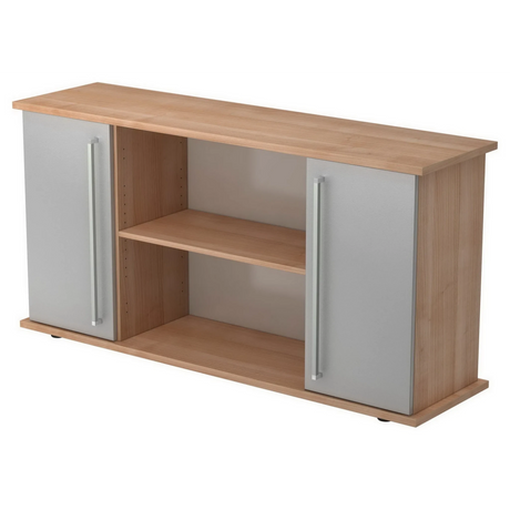 Buffet KAPA SB aspect noyer avec deux portes en métal argenté et poignées chromées de hjh OFFICE PRO