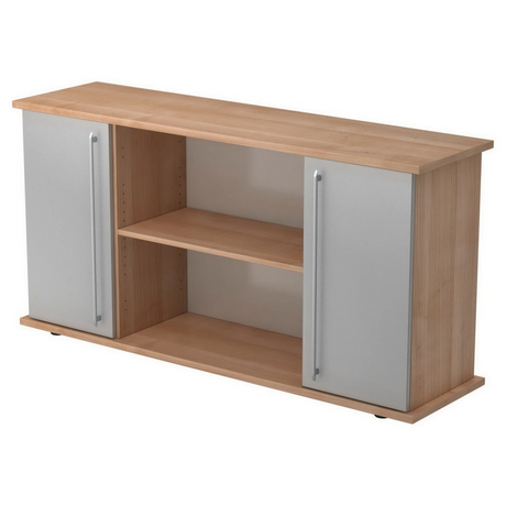 Buffet KAPA SB aspect noyer avec portes argentées, poignées rails et étagère ouverte de hjh OFFICE PRO