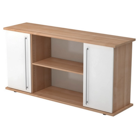 Buffet KAPA SB effet noyer avec deux portes blanches, poignées rails et niches ouvertes de hjh OFFICE PRO