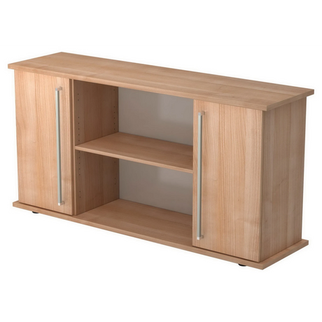 Buffet KAPA SB aspect noyer avec deux portes, poignées chromées et étagères ouvertes de hjh OFFICE PRO
