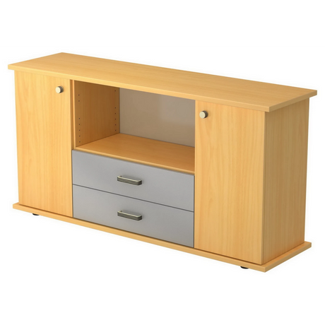 Buffet KAPA SB aspect hêtre avec deux portes, une niche ouverte et deux tiroirs gris de hjh OFFICE PRO