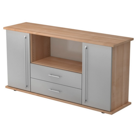 Buffet KAPA SB aspect noyer avec façades argentées, deux tiroirs et poignées rails de hjh OFFICE PRO