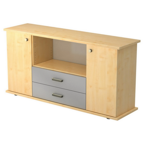 Buffet KAPA SB aspect érable avec deux portes, une niche ouverte et deux tiroirs gris de hjh OFFICE PRO