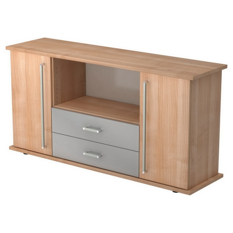 Buffet KAPA SB aspect noyer avec deux portes, deux tiroirs gris et poignées chromées de hjh OFFICE PRO