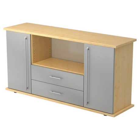 Buffet KAPA SB en érable et argent avec deux portes, deux tiroirs et poignées rails de hjh OFFICE PRO