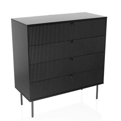 Commode noire KARBY K avec quatre tiroirs rainurés et des pieds métalliques fins de hjh LIVING
