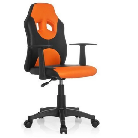 Chaise pivotante pour des enfants KID GAME AL en noir-orange avec accoudoirs et roulettes de hjh OFFICE