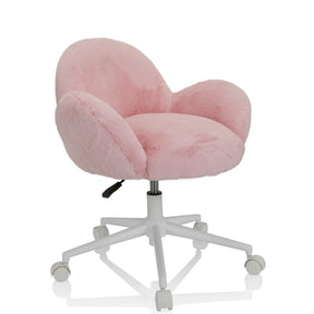 Chaise pivotante pour des enfants KID TEDDY rose avec housse fluffy et pied en étoile blanc à roulettes de hjh OFFICE