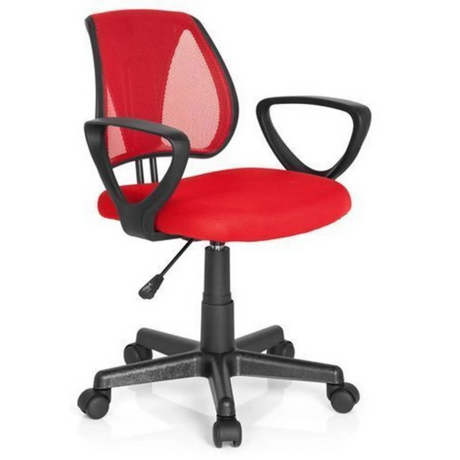 Chaise pivotante pour des enfants KIDDY CD rouge avec dossier en maille, accoudoirs noirs et roulettes de hjh OFFICE