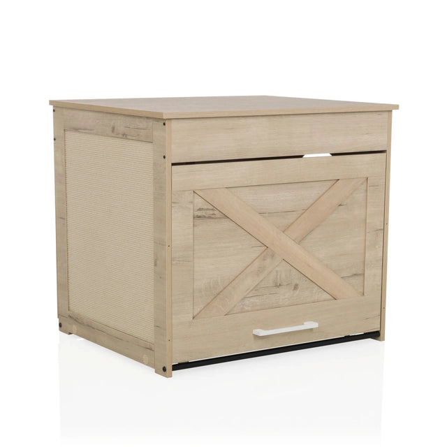 Maison pour chat KITTY PAWBOX 1 aspect chêne avec renfort en X à l'avant et poignée blanche de hjh LIVING