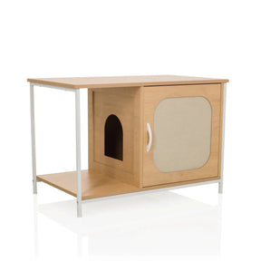 Maison pour chat KITTYHOME 1 aspect hêtre avec structure métallique blanche et espace de repos intégré de hjh LIVING