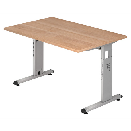 Bureau réglable en hauteur MEGA 12 S avec plateau en noyer et structure argentée de hjh OFFICE PRO