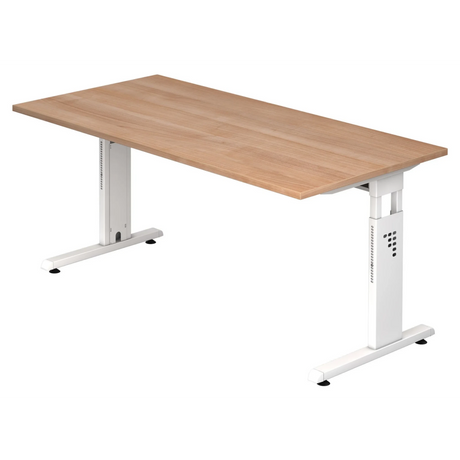 Bureau réglable en hauteur MEGA 16 W avec plateau en noyer et piètement blanc de hjh OFFICE PRO