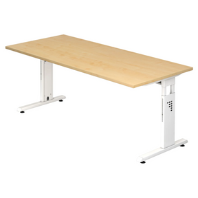 Bureau réglable en hauteur MEGA 19 W avec plateau en érable et structure blanche de hjh OFFICE PRO