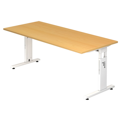 Bureau réglable en hauteur MEGA 19 W avec plateau couleur hêtre et piètement blanc de hjh OFFICE PRO