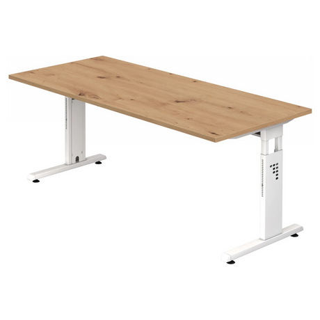 Bureau réglable en hauteur MEGA 19 W avec plateau en chêne rustique et piètement blanc de hjh OFFICE PRO