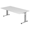 Bureau réglable en hauteur MEGA 2E S en blanc et argent avec un grand plateau de hjh OFFICE PRO