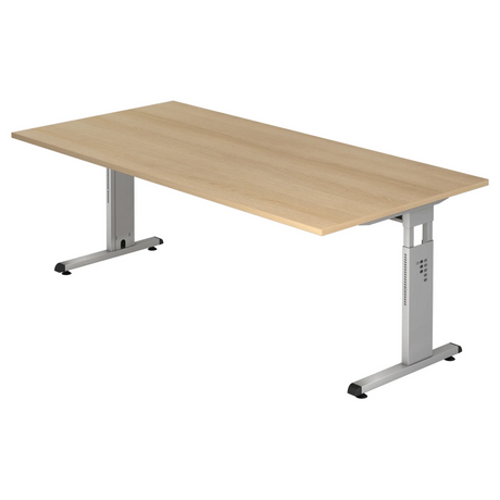 Bureau réglable en hauteur MEGA 2E S avec plateau en chêne et structure argentée de hjh OFFICE PRO