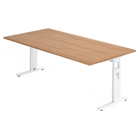 Bureau réglable en hauteur MEGA 2E W en noyer et blanc avec plateau rectangulaire de hjh OFFICE PRO
