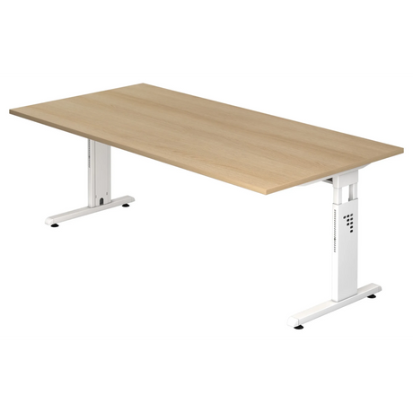 Bureau réglable en hauteur MEGA 2E W aspect chêne avec piètement blanc de hjh OFFICE PRO