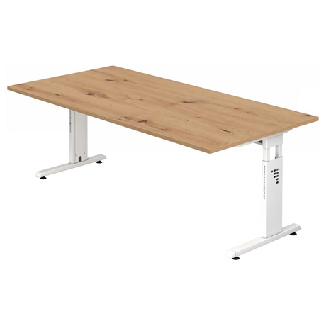 Bureau réglable en hauteur MEGA 2E W en chêne noueux et blanc avec piètement en T de hjh OFFICE PRO