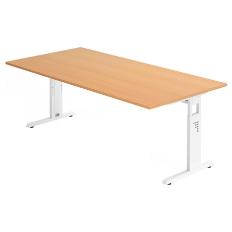 Bureau réglable en hauteur MEGA 2E W aspect hêtre avec piètement blanc de hjh OFFICE PRO