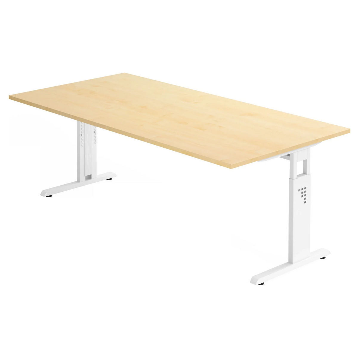 Bureau réglable en hauteur MEGA 2E W aspect érable avec piètement blanc de hjh OFFICE PRO
