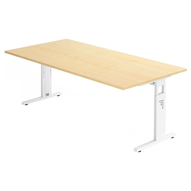 Bureau réglable en hauteur MEGA 2E W aspect érable avec piètement blanc de hjh OFFICE PRO