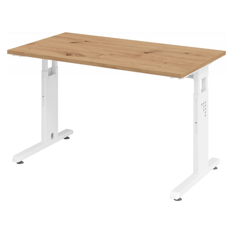 Bureau réglable en hauteur MEGA 612 W en chêne noueux et blanc avec piétement en T de hjh OFFICE PRO