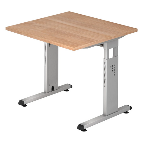 Bureau réglable en hauteur MEGA 8 S avec plateau couleur noyer et structure argentée de hjh OFFICE PRO