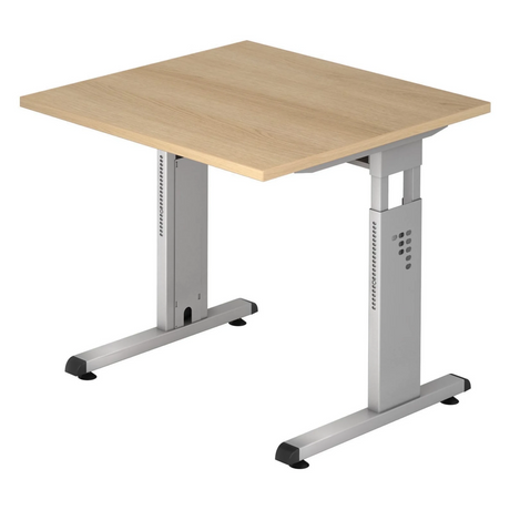 Bureau réglable en hauteur MEGA 8 S avec plateau couleur chêne et structure argentée de hjh OFFICE PRO