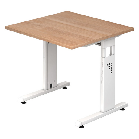 Bureau réglable en hauteur MEGA 8 W avec plateau en noyer et structure blanche de hjh OFFICE PRO