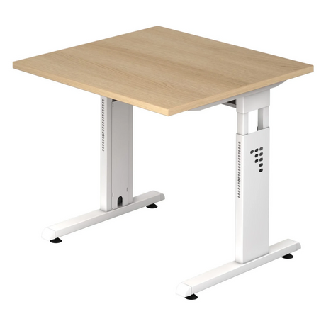 Bureau réglable en hauteur MEGA 8 W avec plateau en chêne clair et piètement blanc de hjh OFFICE PRO