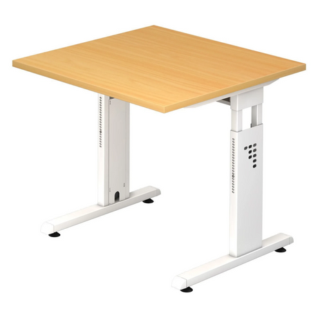 Bureau réglable en hauteur MEGA 8 W avec plateau couleur hêtre et structure blanche de hjh OFFICE PRO