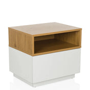 Table d'appoint MELMO en blanc et chêne avec un compartiment de rangement ouvert de hjh LIVING