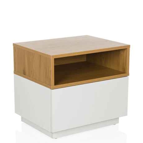 Table d'appoint MELMO en blanc et chêne avec un compartiment de rangement ouvert de hjh LIVING