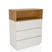 Commode MELMO K en blanc et chêne avec trois tiroirs et un compartiment ouvert de hjh LIVING
