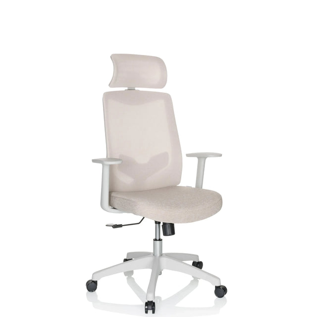 Siège de bureau à domicile MIKEO W en tissu beige avec appuie-tête et accoudoirs blancs de hjh OFFICE