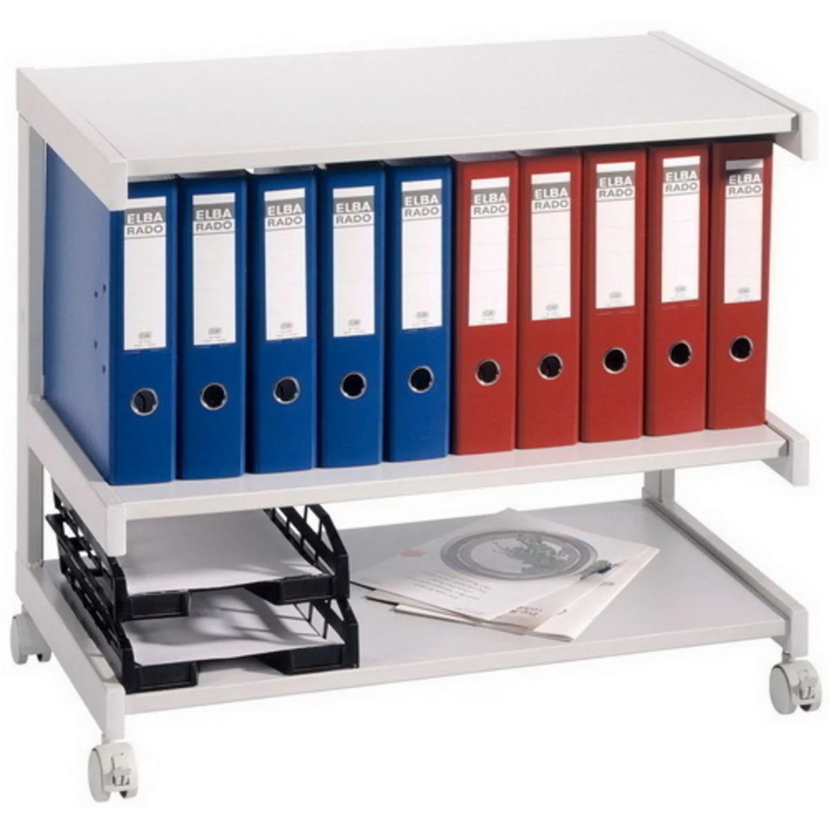 Chariot de bureau gris MOBIL 18B3 avec deux surfaces de rangement et quatre roulettes de hjh OFFICE PRO
