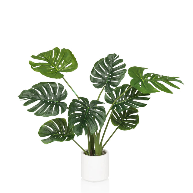 Plante artificielle verte MONSTERA I aux grandes feuilles dans un cache-pot blanc simple de hjh OFFICE