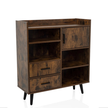 Commode marron MYRDAL avec deux tiroirs, un compartiment placard et des étagères ouvertes de hjh LIVING