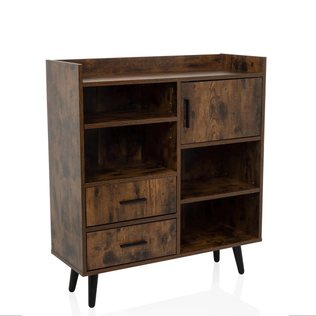 Commode marron MYRDAL avec deux tiroirs, un compartiment placard et des étagères ouvertes de hjh LIVING